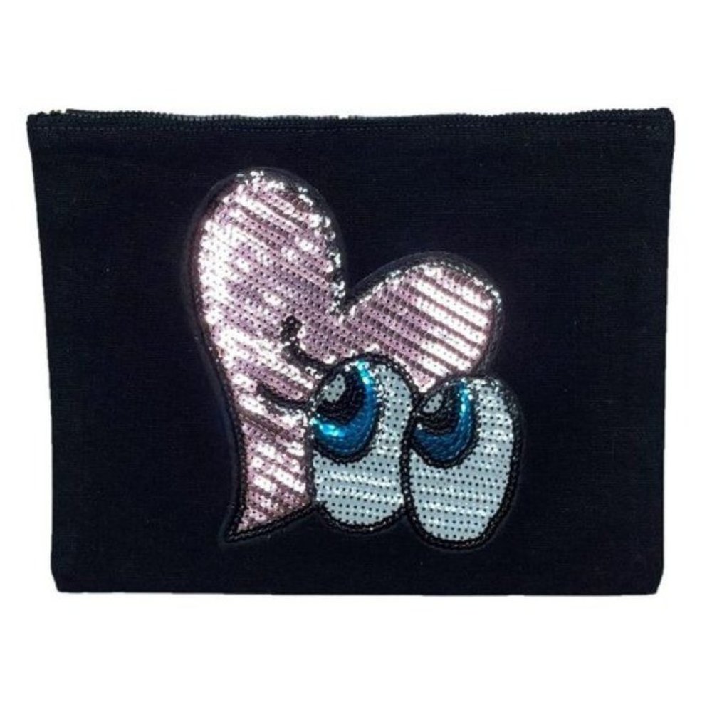 SEQUIN HEART & EYES BLACK CANVAS POUCH